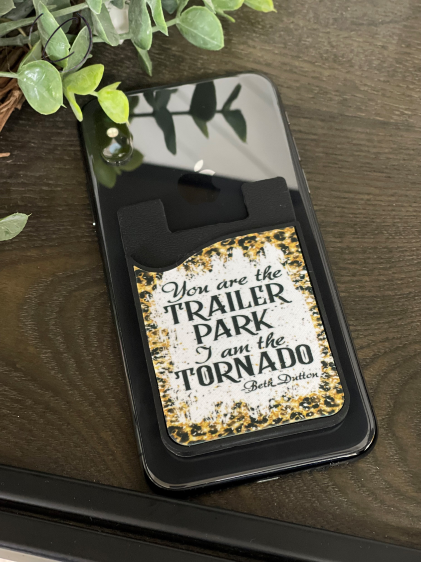 I Am The Tornado Beth Dutton Card Caddy Phone Wallet with microfiber screen cleaner attached, showcasing its stylish design and functionality.